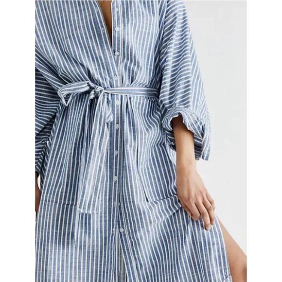 Free People Jess Oversized Shirt Dress Striped Blue Button Front Tie Women's XS - Picture 4 of 15